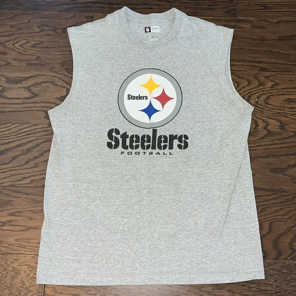 Mens Pittsburgh Steelers Big Logo Gray NFL Sleeveless Tank T Jersey Shirt L 💪